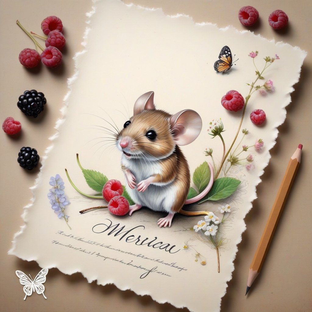 ((ultra realistic photo)), artistic sketch art, Make a little WHITE LINE pencil sketch of a cute tiny MOUSE on an old TORN EDGE PIECE OF PAPER , art, textures, pure perfection, high definition, LITTLE FRUITS, butterfly,wild berries,berry, DELICATE FLOWERS ,grass blades AROUND, flower petals on the paper, little calligraphy text all over, little drawings, text: "mouse", text. ,BookScenic,art_booster