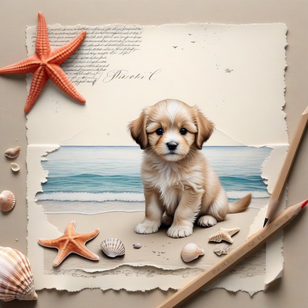 ((ultra realistic photo)), artistic sketch art, Make a pencil sketch of an adorable little FLUFFY PUPPY on an old torn edge paper, art, DETAILED textures, pure perfection, hIgh definition, detailed beach around THE PAPER, tiny delicate sea-shell, starfish, sea , delicate coral, sand on the paper, little calligraphy text, tiny delicate drawings,BookScenic