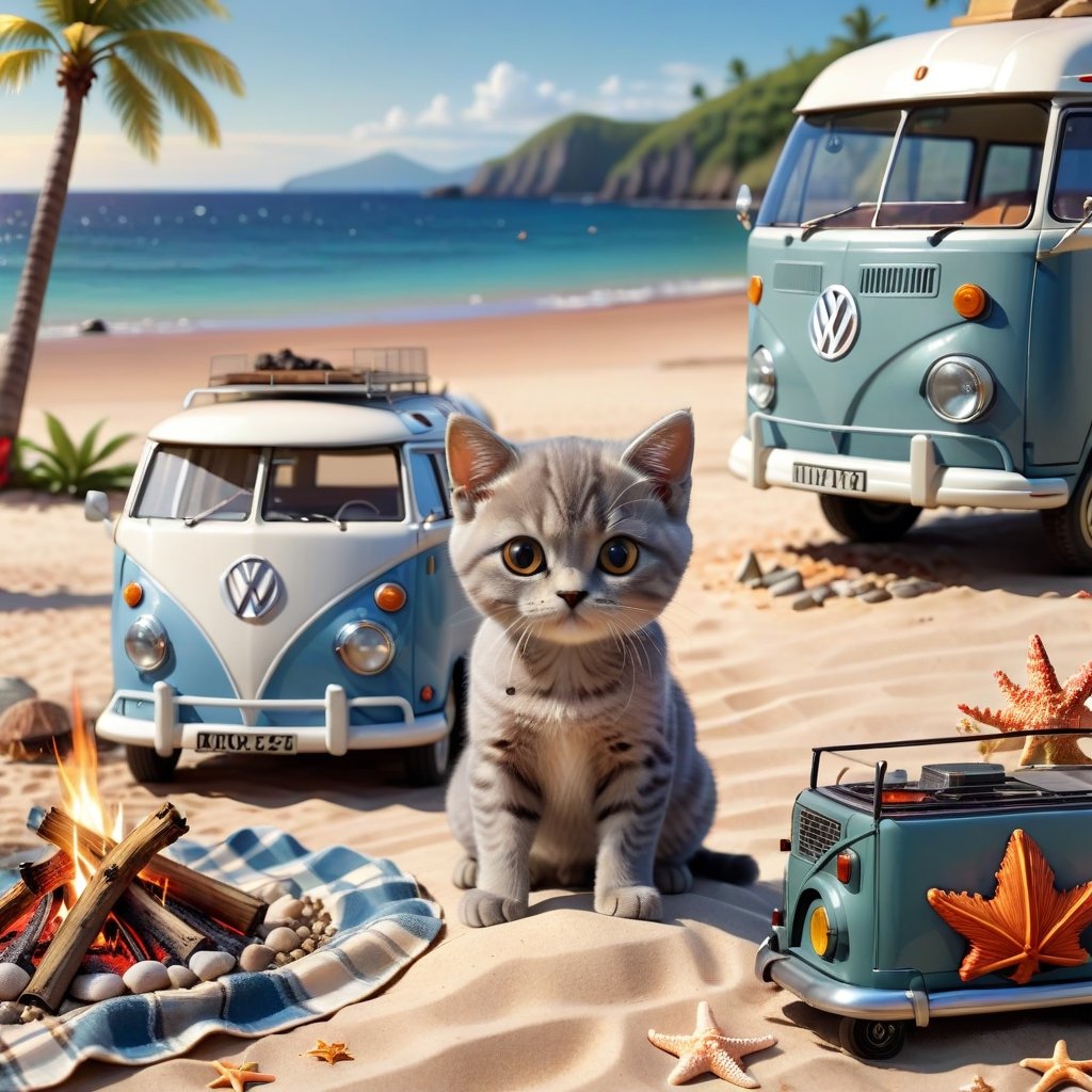 a cute little British shorthaired Kitty SITTING WITH A CAMP FIRE ON A PLAID, IN FRONT OF THE CLASSIC VW CAMPER VAN, LOVELY WELL-ARRANGED CAMPING ENVIROMENT NEXT TO THE VAN (art, DETAILED textures, pure perfection, hIgh definition), detailed beach around , tiny delicate sea-shell, little delicate starfish, sea ,(very detailed TROPICAL hawaiian BAY BACKGROUND, SEA SHORE, PALM TREES, DETAILED LANDSCAPE, COLORFUL) (GOLDEN HOUR LIGHTING), delicate coral, sand piles,art_booster,stworki,DonMH010D15pl4yXL 