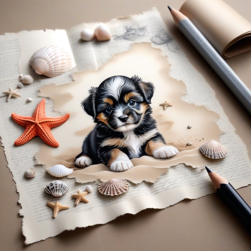 ((ultra realistic photo)), artistic sketch art, Make a pencil sketch of an adorable little FLUFFY PUPPY on an old torn edge paper, art, DETAILED textures, pure perfection, hIgh definition, detailed beach around THE PAPER, tiny delicate sea-shell, starfish, sea , delicate coral, sand pile on the paper,calligraphy text, tiny delicate drawings,BookScenic,ink,smoke,ink smoke,ink smoke background,art_booster