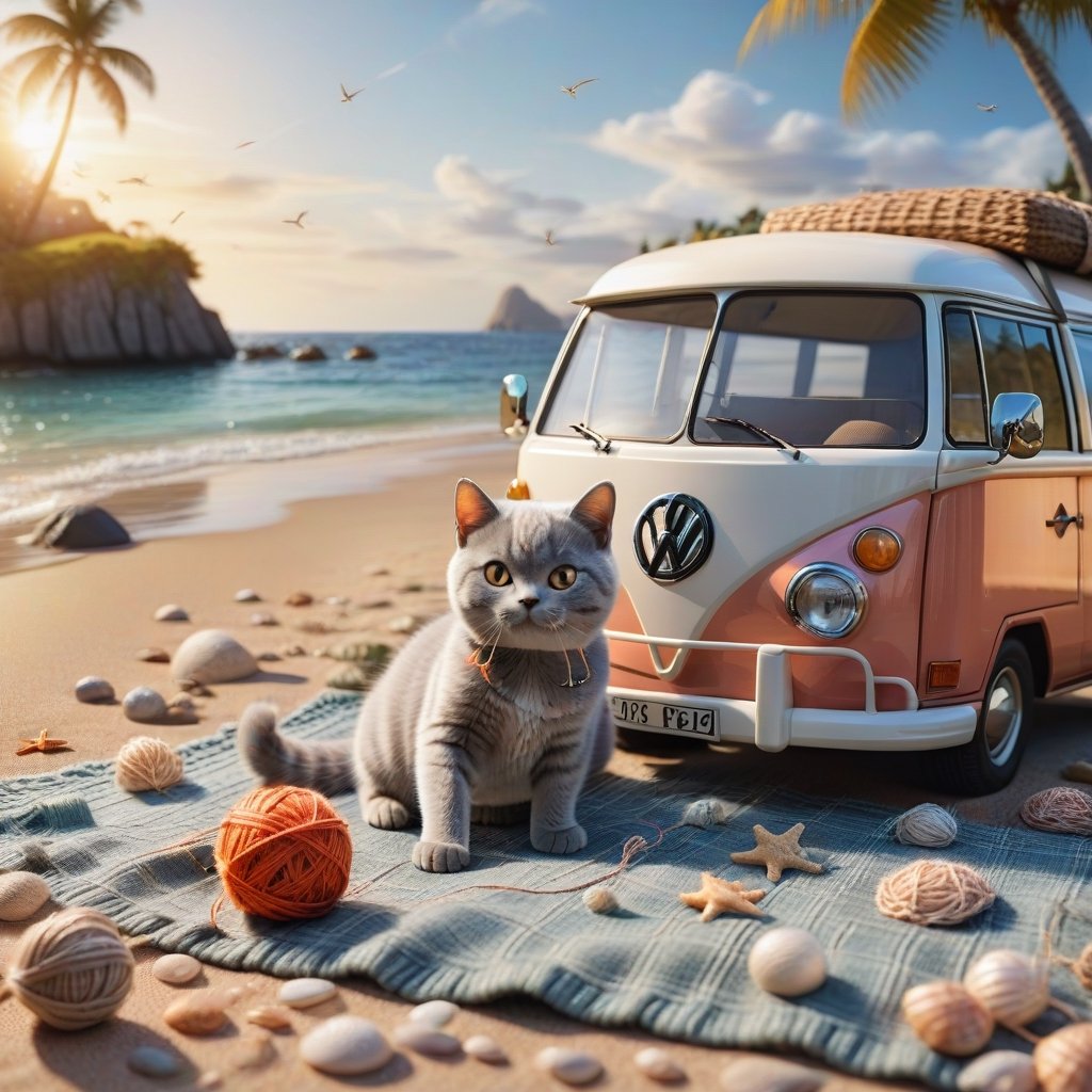 ((ultra realistic photo))  a cute British shorthaired happy playful Kitty playing with a little ball of yarn ON A PLAID, CLASSIC VW CAMPER VAN, LOVELY WELL-ARRANGED CAMPING ENVIROMENT (art, DETAILED textures, pure perfection, hIgh definition), detailed beach around , tiny delicate sea-shell, little delicate starfish, sea ,(very detailed TROPICAL hawaiian BAY BACKGROUND, SEA SHORE, PALM TREES, DETAILED LANDSCAPE, COLORFUL) (GOLDEN HOUR LIGHTING), delicate coral, sand piles,LegendDarkFantasy,dark,anthro