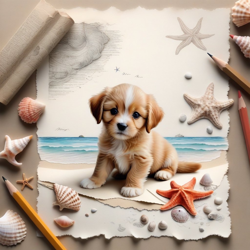 ((ultra realistic photo)), artistic sketch art, Make a pencil sketch of an adorable little FLUFFY PUPPY on an old torn edge paper, art, DETAILED textures, pure perfection, hIgh definition, detailed beach around THE PAPER, tiny delicate sea-shell, starfish, sea , delicate coral, sand pile on the paper, little calligraphy text, tiny delicate drawings,BookScenic