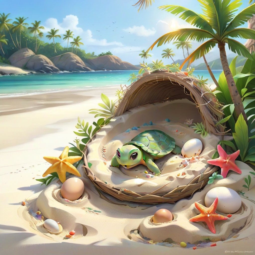 ((ultra artistic photo)), artistic sketch art, Make a DETAILED pencil sketch of a cute TINY tropical turle baby IN THE NEST ON THE SAND (art, DETAILED textures, pure perfection, hIgh definition), detailed beach , tiny delicate sea-shell, TINY COLORFUL EGG, little delicate starfish, sea ,(very detailed TROPICAL hawaiian BAY BACKGROUND VIEW, SEA SHORE, PALM TREES, DETAILED LANDSCAPE, COLORFUL) (GOLDEN HOUR LIGHTING), delicate coral, sand piles,disordered, LegendDarkFantasy,disney style