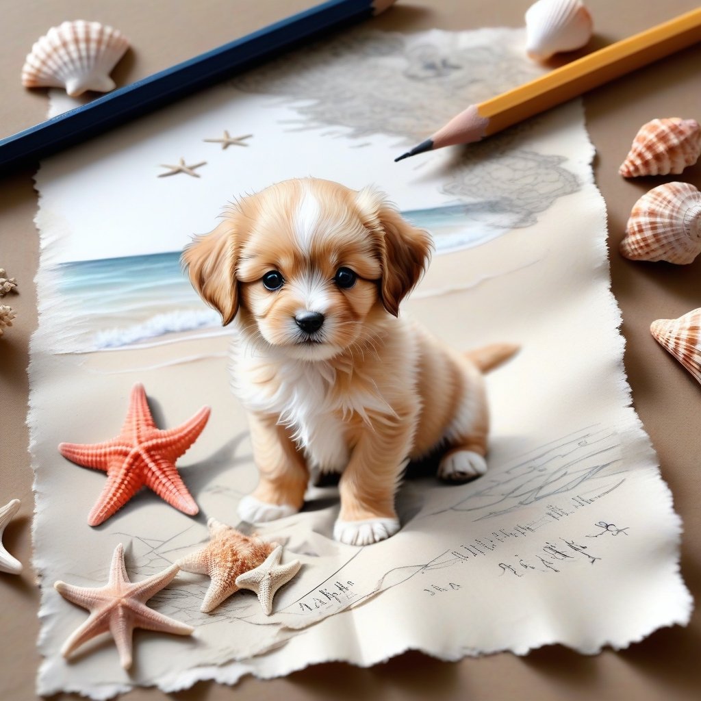 ((ultra realistic photo)), artistic sketch art, Make a pencil sketch of an adorable little FLUFFY PUPPY on an old torn edge paper, art, DETAILED textures, pure perfection, hIgh definition, detailed beach around THE PAPER, tiny delicate sea-shell, little delicate starfish, sea , delicate coral, sand pile on the paper,little calligraphy texts, delicate little drawings,
