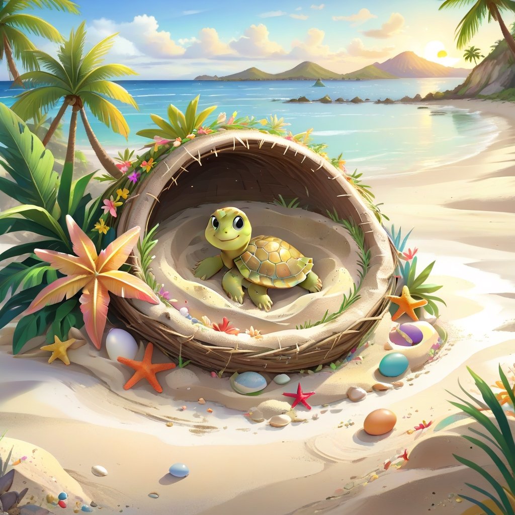 ((ultra artistic photo)), artistic sketch art, Make a DETAILED pencil sketch of a cute TINY tropical turle baby IN THE NEST ON THE SAND (art, DETAILED textures, pure perfection, hIgh definition), detailed beach , tiny delicate sea-shell, TINY COLORFUL EGG, little delicate starfish, sea ,(very detailed TROPICAL hawaiian BAY BACKGROUND VIEW, SEA SHORE, PALM TREES, DETAILED LANDSCAPE, COLORFUL) (GOLDEN HOUR LIGHTING), delicate coral, sand piles,disordered, LegendDarkFantasy,