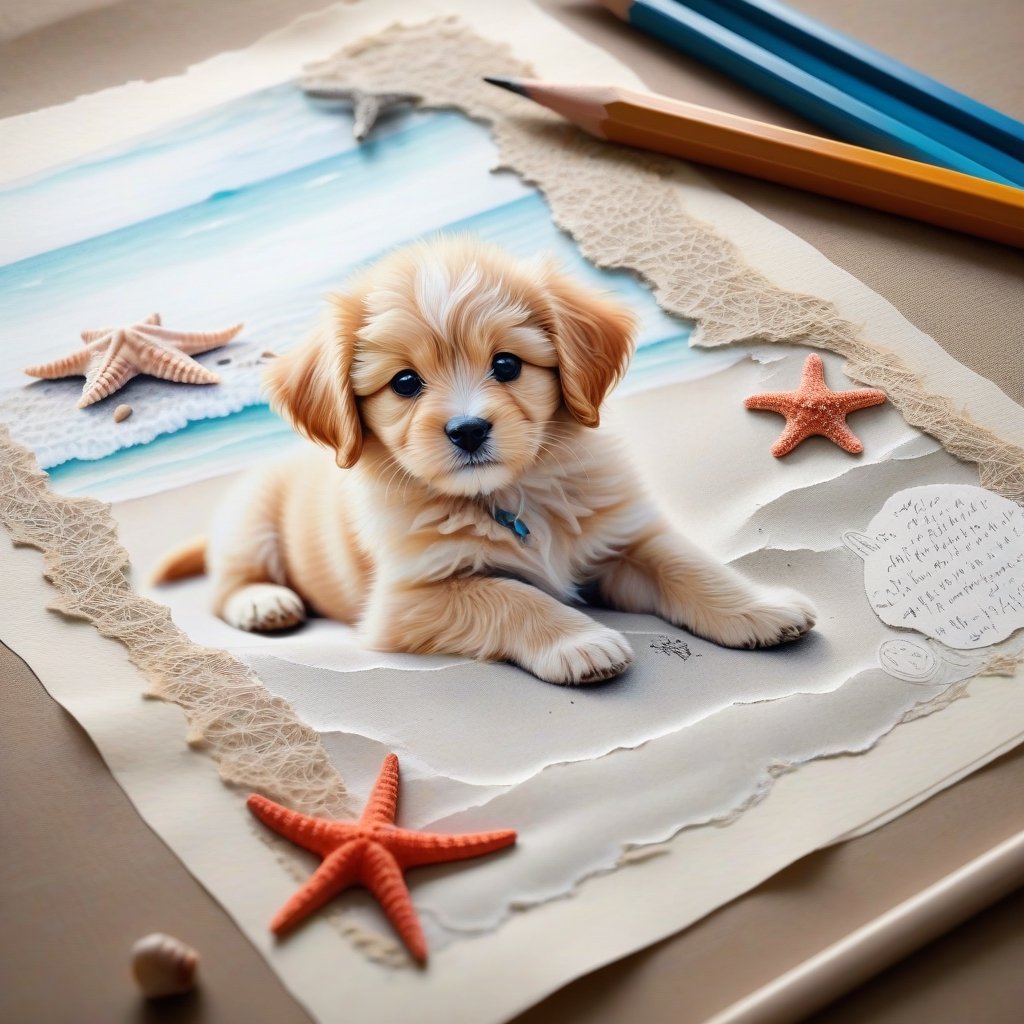  ((ultra realistic photo)), artistic sketch art, Make a pencil sketch of an adorable little FLUFFY PUPPY on an old torn edge paper, art, DETAILED textures, pure perfection, hIgh definition, detailed beach around THE PAPER, tiny delicate sea-shell, little delicate starfish, sea , delicate coral, sand pile on the paper,little calligraphy texts, some delicate drawings,