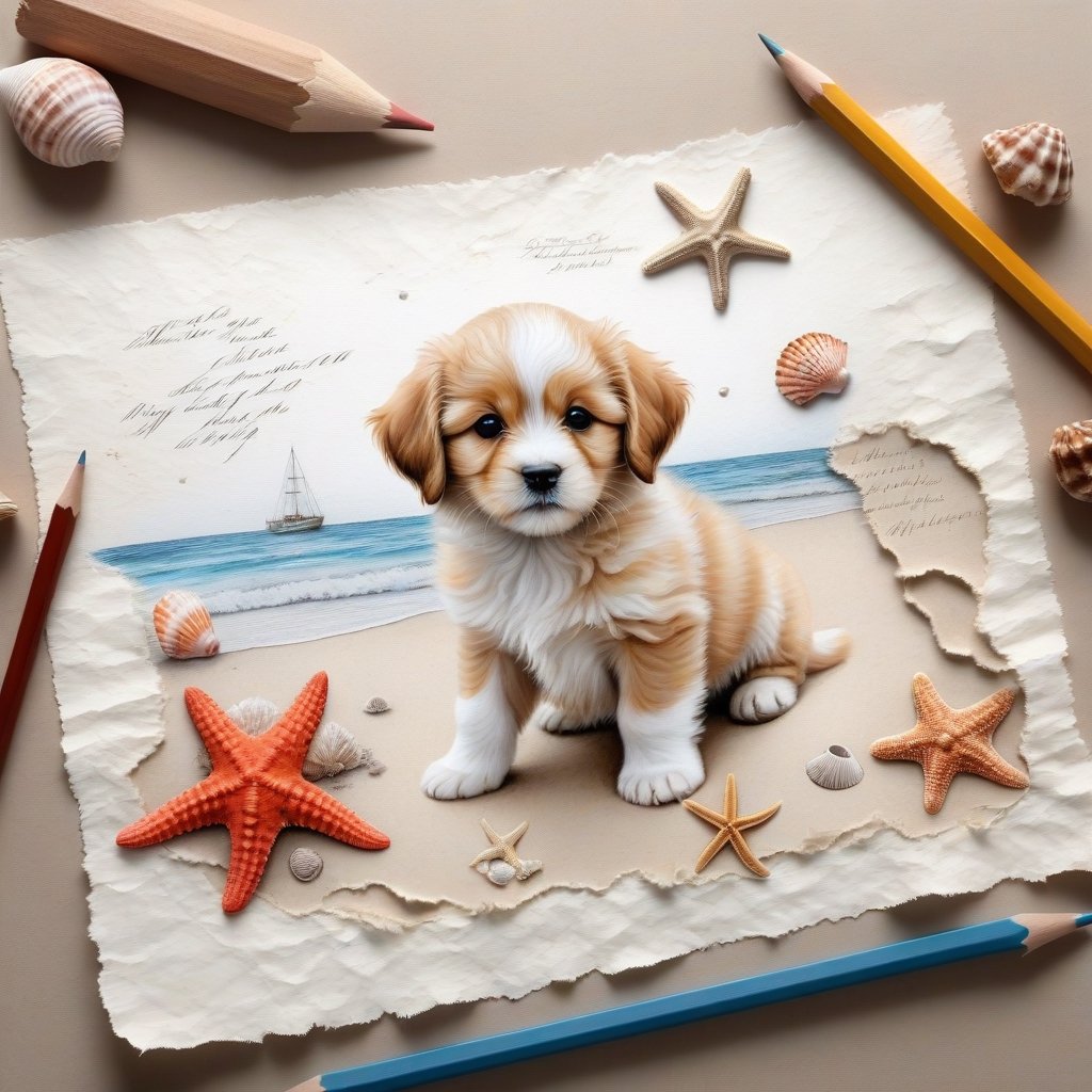 ((ultra realistic photo)), artistic sketch art, Make a pencil sketch of an adorable little FLUFFY PUPPY on an old torn edge paper, art, DETAILED textures, pure perfection, hIgh definition, detailed beach around THE PAPER, tiny delicate sea-shell, little delicate starfish, sea , delicate coral, sand pile on the paper,little calligraphy texts, delicate drawings,