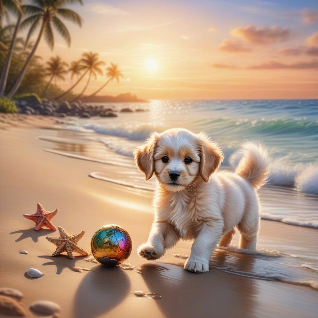 ((ultra realistic photo)), artistic sketch art, Make a DETAILED pencil sketch of a cute little FLUFFY PUPPY PLAYING WITH A BALL, (art, DETAILED textures, pure perfection, hIgh definition), detailed beach around , tiny delicate sea-shell, little delicate starfish, sea ,(very detailed TROPICAL hawaiian BAY BACKGROUND, SEA SHORE, PALM TREES, DETAILED LANDSCAPE, COLORFUL) (GOLDEN HOUR LIGHTING), delicate coral, sand piles