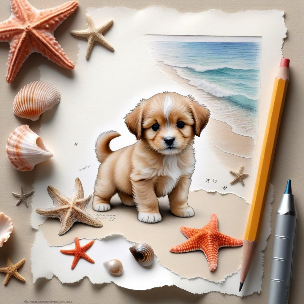 ((ultra realistic photo)), artistic sketch art, Make a pencil sketch of an adorable little FLUFFY PUPPY on an old torn edge paper, art, DETAILED textures, pure perfection, hIgh definition, detailed beach around THE PAPER, tiny delicate sea-shell, starfish, sea , delicate coral, sand on the paper, little calligraphy text, tiny delicate drawings,BookScenic