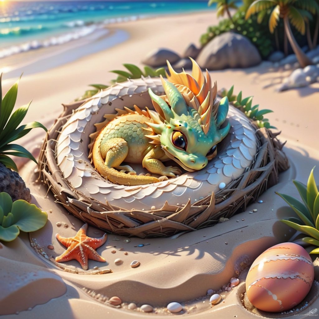 ((ultra artistic photo)), artistic sketch art, Make a DETAILED pencil sketch of a cute TINY MINIATURE CUTE sleepy DRAGON hatchling SLEEPING IN THE NEST ON THE SAND (art, DETAILED textures, pure perfection, hIgh definition), detailed beach around , tiny delicate sea-shell, TINY COLORFUL EGG, little delicate starfish, sea ,(very detailed TROPICAL hawaiian BAY BACKGROUND VIEW, SEA SHORE, PALM TREES, DETAILED LANDSCAPE, COLORFUL) (GOLDEN HOUR LIGHTING), delicate coral, sand piles,LegendDarkFantasy,dragon