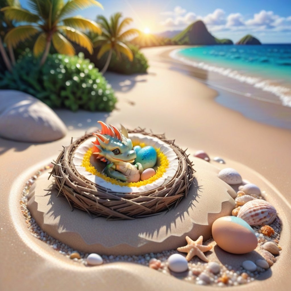 ((ultra realistic photo)), artistic sketch art, Make a DETAILED pencil sketch of a cute TINY MINIATURE CUTE sleepy TOY DRAGON SLEEPING IN THE NEST ON THE SAND (art, DETAILED textures, pure perfection, hIgh definition), detailed beach around , tiny delicate sea-shell, TINY COLORFUL EGG, little delicate starfish, sea ,(very detailed TROPICAL hawaiian BAY BACKGROUND VIEW, SEA SHORE, PALM TREES, DETAILED LANDSCAPE, COLORFUL) (GOLDEN HOUR LIGHTING), delicate coral, sand piles