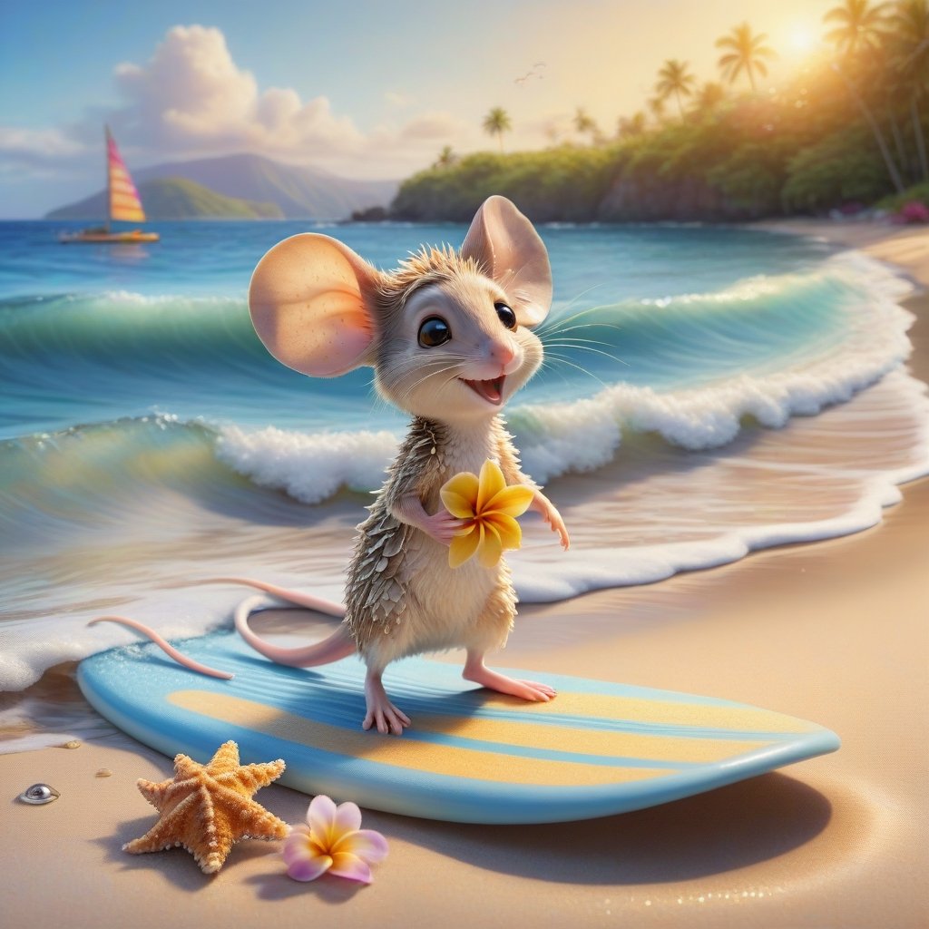cute little mouse, standing on a surfoard on the mild waves, and mild waves around the nice summer beach, next to the lovely flower, Pixar, muted colors, sunny day, pastels, insanely detailed, insanely realistic, high definition, high resolution adorable, (art, DETAILED textures, pure perfection, hIgh definition), detailed beach around , tiny delicate sea-shell, little delicate starfish, sea ,(very detailed TROPICAL hawaiian BAY BACKGROUND, SEA SHORE, PALM TREES, DETAILED LANDSCAPE, COLORFUL) (GOLDEN HOUR LIGHTING), 