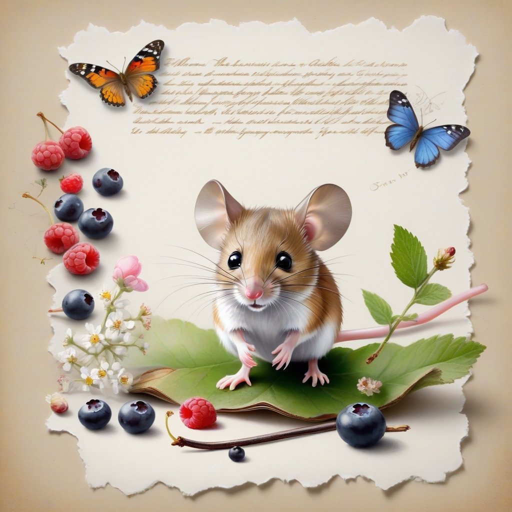 ((ultra realistic photo)), artistic sketch art, Make a little WHITE LINE pencil sketch of a cute tiny MOUSE on an old TORN EDGE PIECE OF PAPER , art, textures, pure perfection, high definition, LITTLE FRUITS, butterfly,wild berries,berry, DELICATE FLOWERS ,grass blades AROUND, flower petals on the paper, little calligraphy text all over, little drawings, text: "mouse", text. ,BookScenic,art_booster