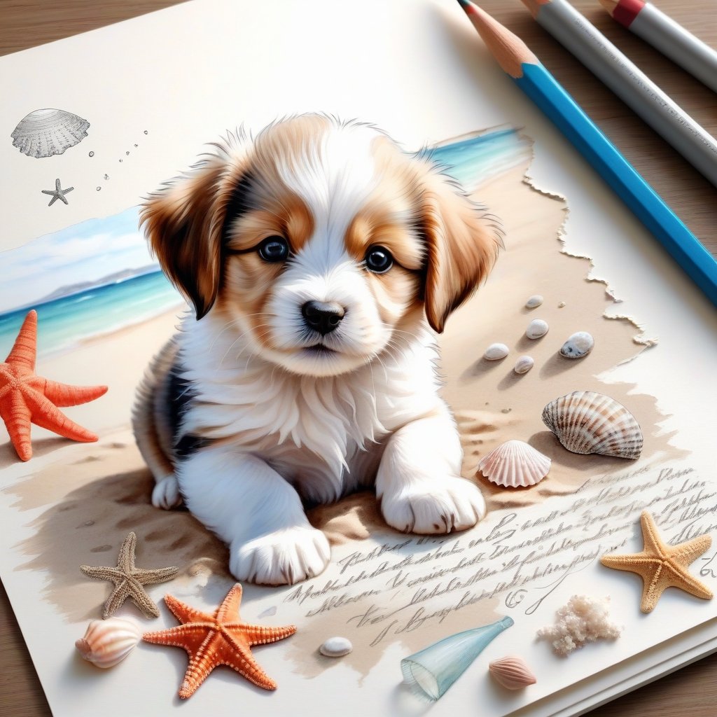 ((ultra realistic photo)), artistic sketch art, Make a pencil sketch of an adorable little FLUFFY PUPPY on a torn edge LETTER WITH LITTLE DRAWINGS AND  TEXTS, art, DETAILED textures, pure perfection, hIgh definition, detailed beach around THE PAPER, tiny delicate sea-shell, little delicate starfish, sea ,TROPICAL BAY, delicate coral, sand pile on the paper,little calligraphy texts, little drawings on the paper,, text: "puppy", text. ,BookScenic,art_booster