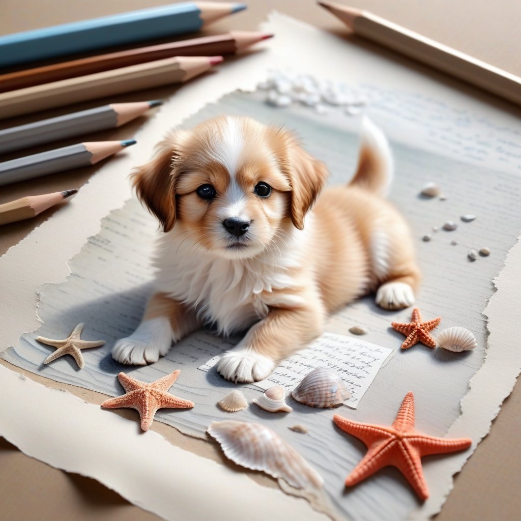 ((ultra realistic photo)), artistic sketch art, Make a pencil sketch of an adorable little FLUFFY PUPPY on an old torn edge paper, art, DETAILED textures, pure perfection, hIgh definition, detailed beach around THE PAPER, tiny delicate sea-shell, little delicate starfish, sea , delicate coral, sand pile on the paper,little calligraphy texts, delicate little drawings,