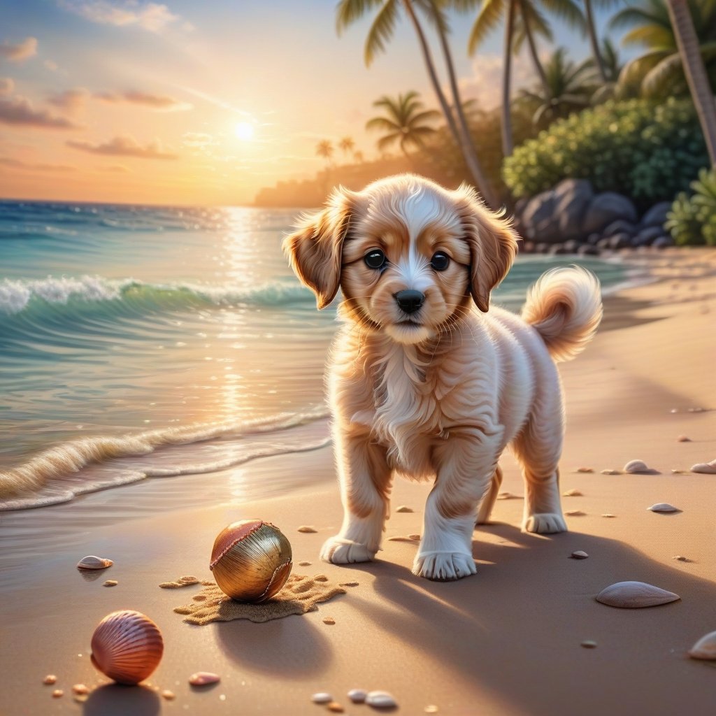 ((ultra realistic photo)), artistic sketch art, Make a DETAILED pencil sketch of a cute little FLUFFY PUPPY PLAYING WITH A BALL, (art, DETAILED textures, pure perfection, hIgh definition), detailed beach around , tiny delicate sea-shell, little delicate starfish, sea ,(very detailed TROPICAL hawaiian BAY BACKGROUND, SEA SHORE, PALM TREES, DETAILED LANDSCAPE, COLORFUL) (GOLDEN HOUR LIGHTING), delicate coral, sand piles