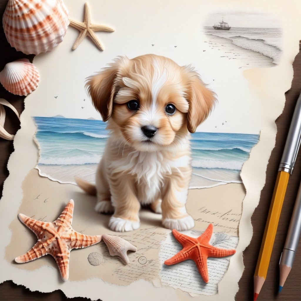 ((ultra realistic photo)), artistic sketch art, Make a pencil sketch of an adorable little FLUFFY PUPPY on an old torn edge paper, art, DETAILED textures, pure perfection, hIgh definition, detailed beach around THE PAPER, tiny delicate sea-shell, starfish, sea , delicate coral, sand on the paper, little calligraphy text all over the paper, tiny delicate drawings,BookScenic