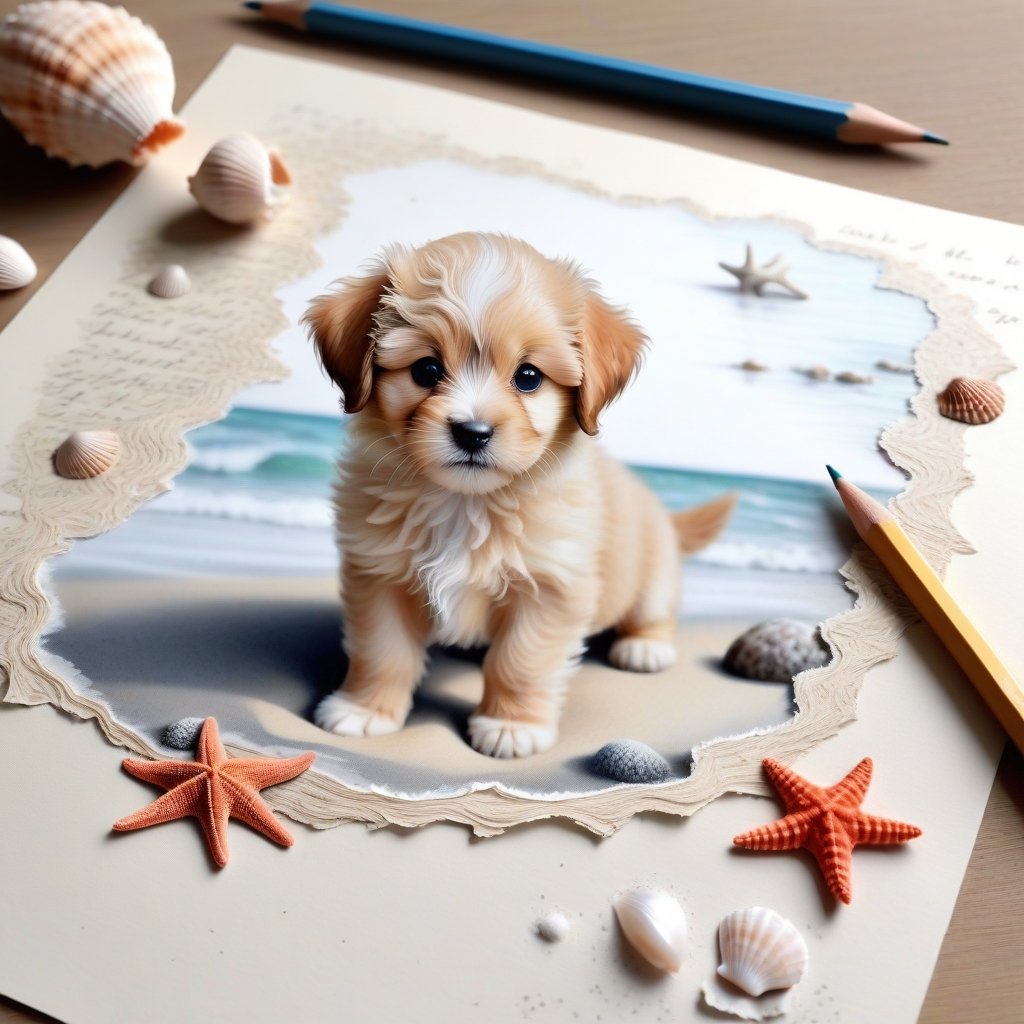 ((ultra realistic photo)), artistic sketch art, Make a pencil sketch of an adorable little FLUFFY PUPPY on an old torn edge paper, art, DETAILED textures, pure perfection, hIgh definition, detailed beach around THE PAPER, tiny delicate sea-shell, starfish, sea , delicate coral, sand on the paper, little calligraphy text all over the paper, tiny delicate drawings,BookScenic