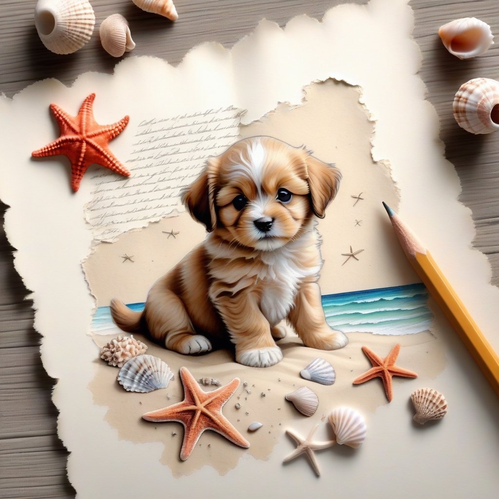 ((ultra realistic photo)), artistic sketch art, Make a pencil sketch of an adorable little FLUFFY PUPPY on an old torn edge paper, art, DETAILED textures, pure perfection, hIgh definition, detailed beach around THE PAPER, tiny delicate sea-shell, starfish, sea , delicate coral, sand pile on the paper, little calligraphy text, tiny delicate drawings,BookScenic