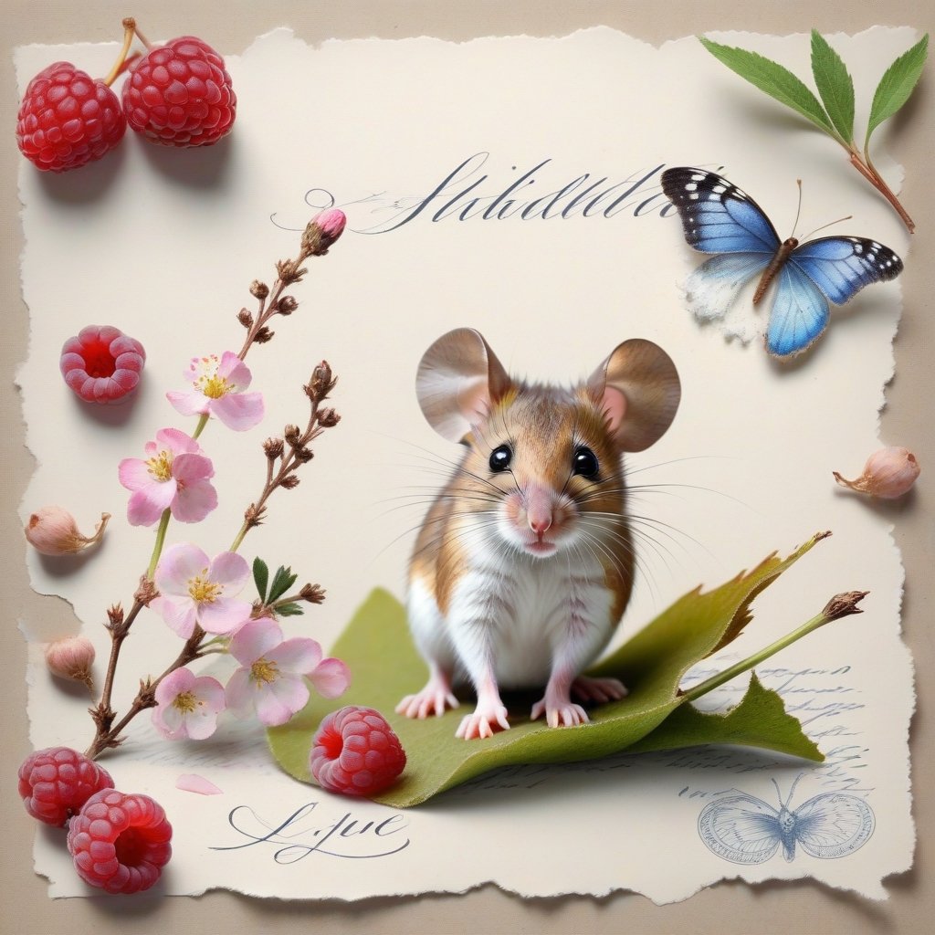 ((ultra realistic photo)), artistic sketch art, Make a little WHITE LINE pencil sketch of a cute tiny MOUSE on an old TORN EDGE PIECE OF PAPER , art, textures, pure perfection, high definition, LITTLE FRUITS, butterfly,wild berries,berry, DELICATE FLOWERS ,grass blades AROUND, flower petals on the paper, little calligraphy text all over, little drawings, text: "mouse", text. ,BookScenic,art_booster