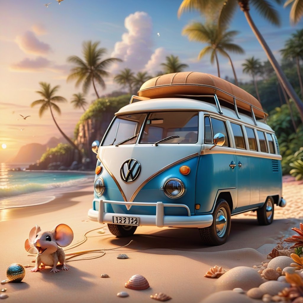 a cute little PIXAR STYLE MOUSE PLAYING WITH A BALL IN FRONT OF THE CLASSIC VW CAMPER VAN, CAMPING SITE NEXT TO THE VAN (art, DETAILED textures, pure perfection, hIgh definition), detailed beach around , tiny delicate sea-shell, little delicate starfish, sea ,(very detailed TROPICAL hawaiian BAY BACKGROUND, SEA SHORE, PALM TREES, DETAILED LANDSCAPE, COLORFUL) (GOLDEN HOUR LIGHTING), delicate coral, sand piles,LegendDarkFantasy,anthro
