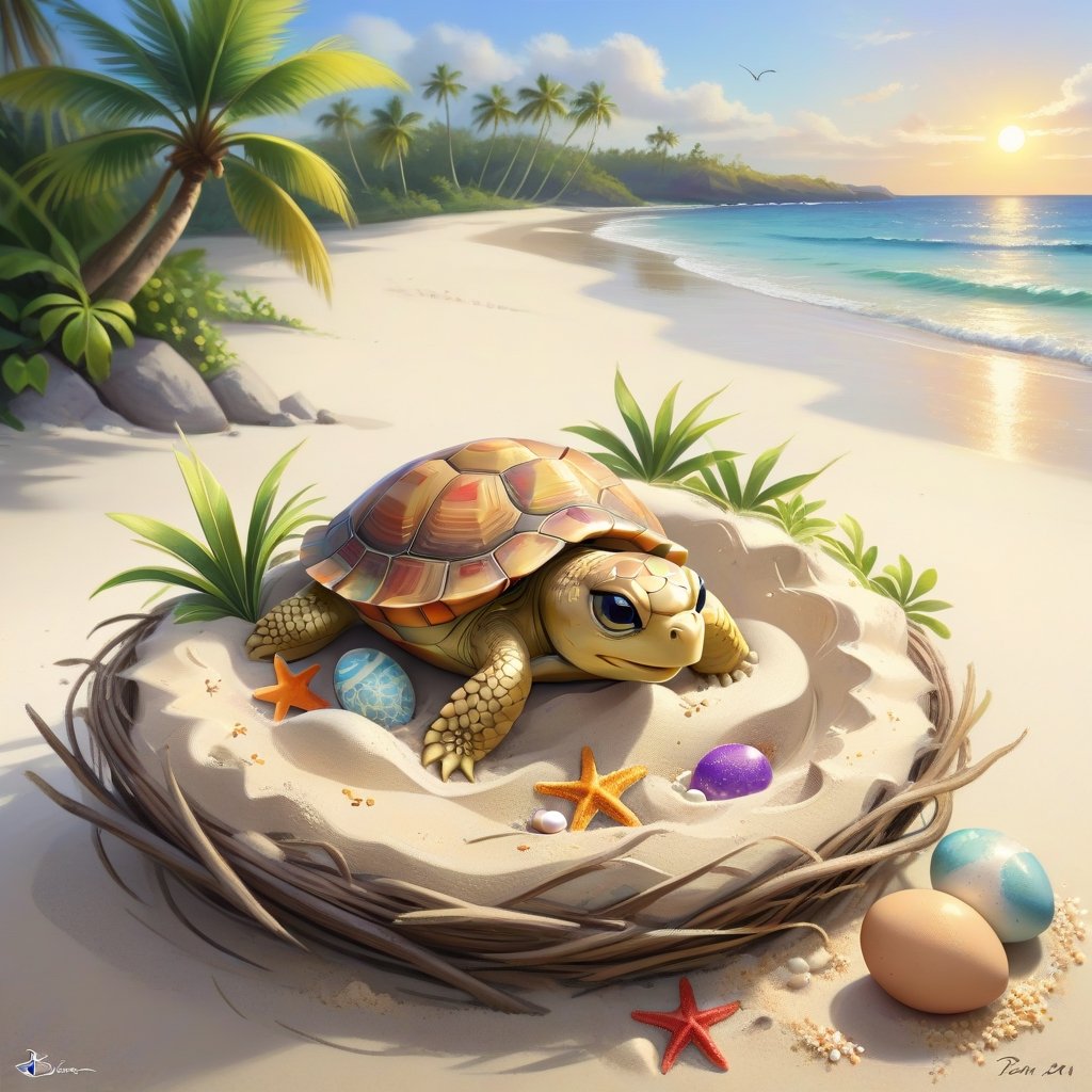 ((ultra artistic photo)), artistic sketch art, Make a DETAILED pencil sketch of  one cute TINY tropical turle baby IN THE NEST ON THE SAND (art, DETAILED textures, pure perfection, hIgh definition), detailed beach , tiny delicate sea-shell, TINY COLORFUL EGG, little delicate starfish, sea ,(very detailed TROPICAL hawaiian BAY BACKGROUND VIEW, SEA SHORE, PALM TREES, DETAILED LANDSCAPE, COLORFUL) (GOLDEN HOUR LIGHTING), delicate coral, sand piles,disordered, LegendDarkFantasy,disney style,portraitart,arcane
