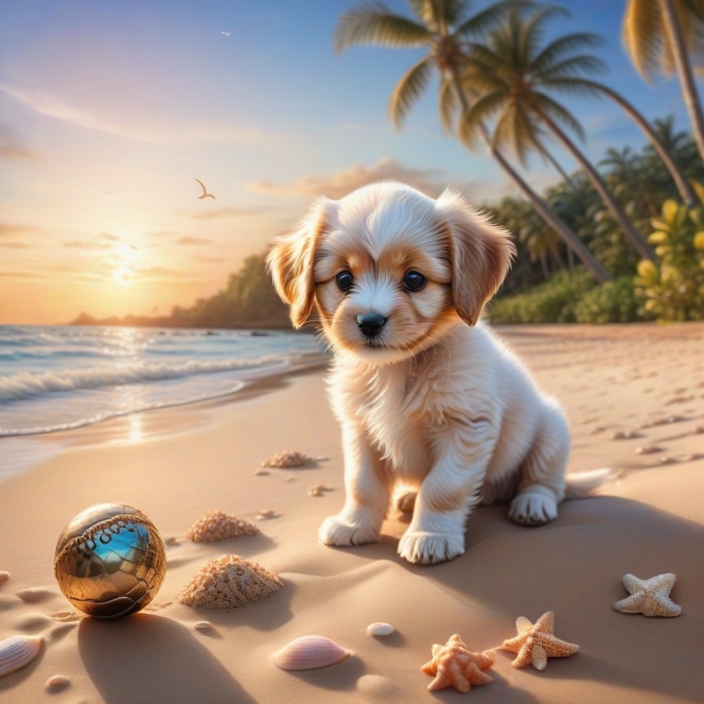 ((ultra realistic photo)), artistic sketch art, Make a DETAILED pencil sketch of a cute little FLUFFY PUPPY PLAYING WITH A BALL, (art, DETAILED textures, pure perfection, hIgh definition), detailed beach around , tiny delicate sea-shell, little delicate starfish, sea ,(very detailed TROPICAL hawaiian BAY BACKGROUND, SEA SHORE, PALM TREES, DETAILED LANDSCAPE, COLORFUL) (GOLDEN HOUR LIGHTING), delicate coral, sand piles