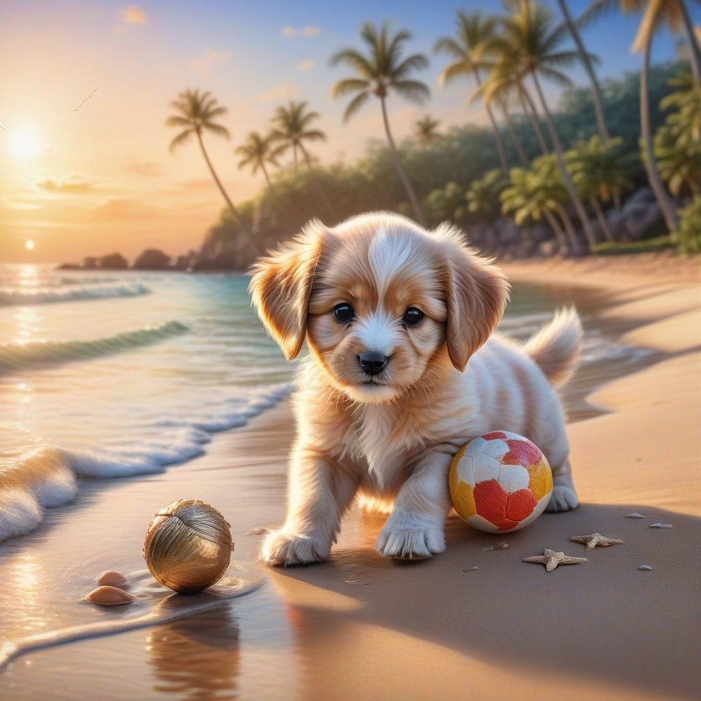 ((ultra realistic photo)), artistic sketch art, Make a DETAILED pencil sketch of a cute little FLUFFY PUPPY PLAYING WITH A BALL, (art, DETAILED textures, pure perfection, hIgh definition), detailed beach around , tiny delicate sea-shell, little delicate starfish, sea ,(very detailed TROPICAL hawaiian BAY BACKGROUND, SEA SHORE, PALM TREES, DETAILED LANDSCAPE, COLORFUL) (GOLDEN HOUR LIGHTING), delicate coral, sand piles