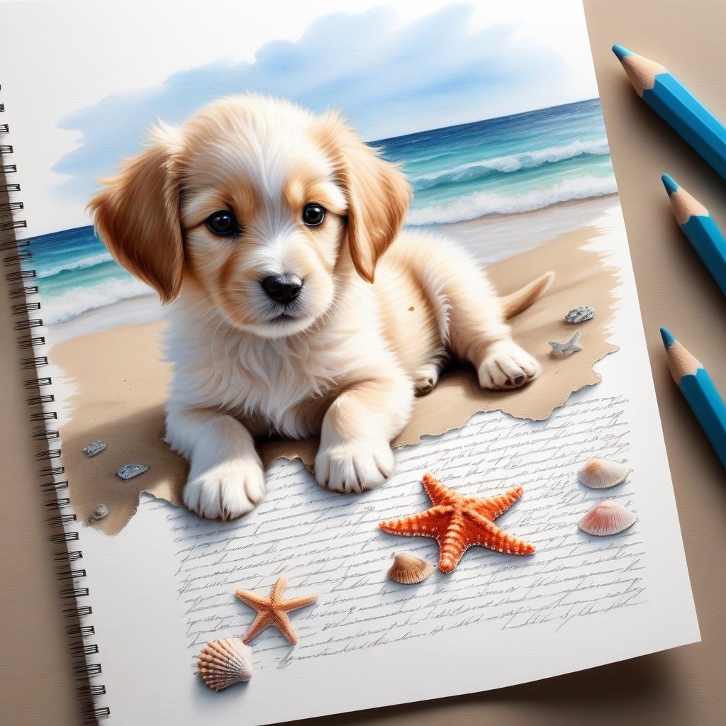 ((ultra realistic photo)), artistic sketch art, Make a pencil sketch of an adorable little FLUFFY PUPPY on a torn edge LETTER WITH LITTLE DRAWINGS AND  TEXTS, art, DETAILED textures, pure perfection, hIgh definition, detailed beach around THE PAPER, tiny delicate sea-shell, little delicate starfish, sea ,TROPICAL BAY, delicate coral, sand pile on the paper,little calligraphy texts, little drawings on the paper,, text: "puppy", text. ,BookScenic,art_booster