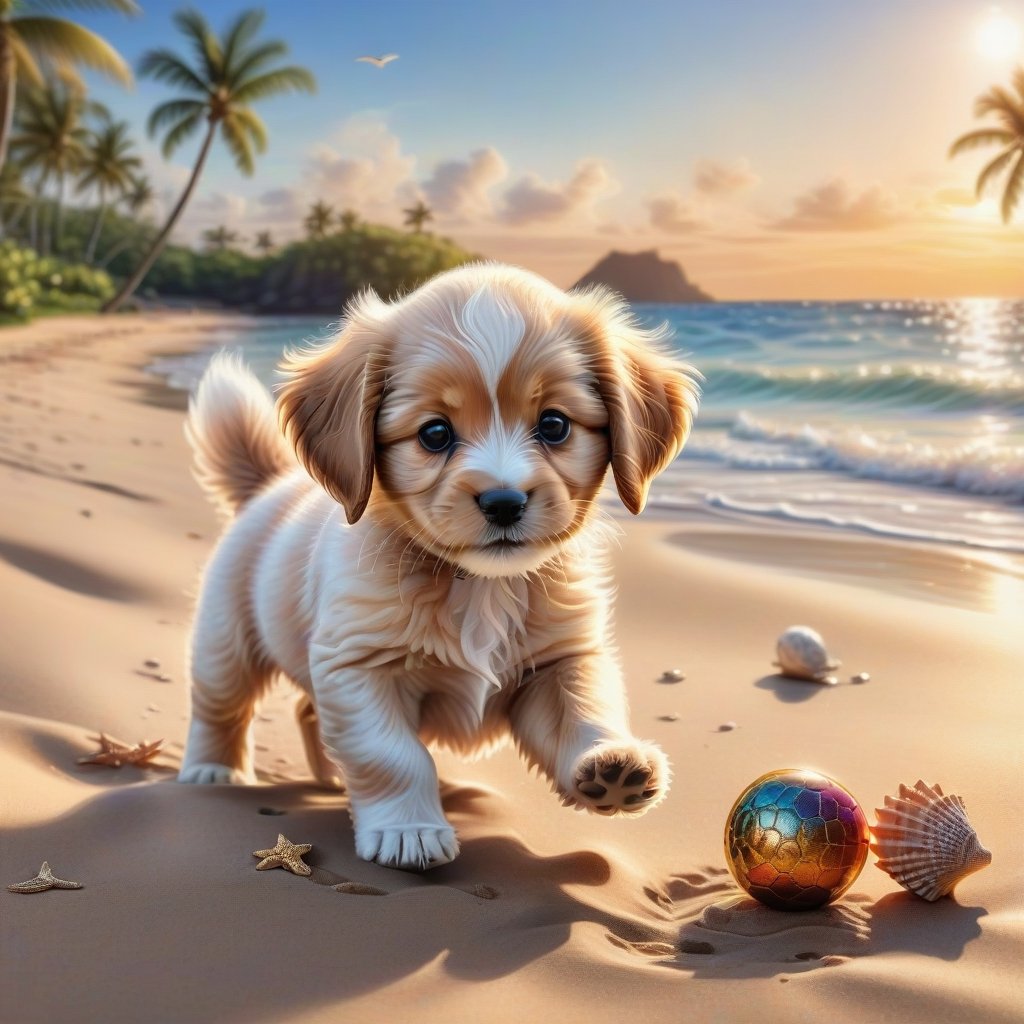 ((ultra realistic photo)), artistic sketch art, Make a DETAILED pencil sketch of a cute little FLUFFY PUPPY PLAYING WITH A BALL, (art, DETAILED textures, pure perfection, hIgh definition), detailed beach around , tiny delicate sea-shell, little delicate starfish, sea ,(very detailed TROPICAL hawaiian BAY BACKGROUND, SEA SHORE, PALM TREES, DETAILED LANDSCAPE, COLORFUL) (GOLDEN HOUR LIGHTING), delicate coral, sand piles