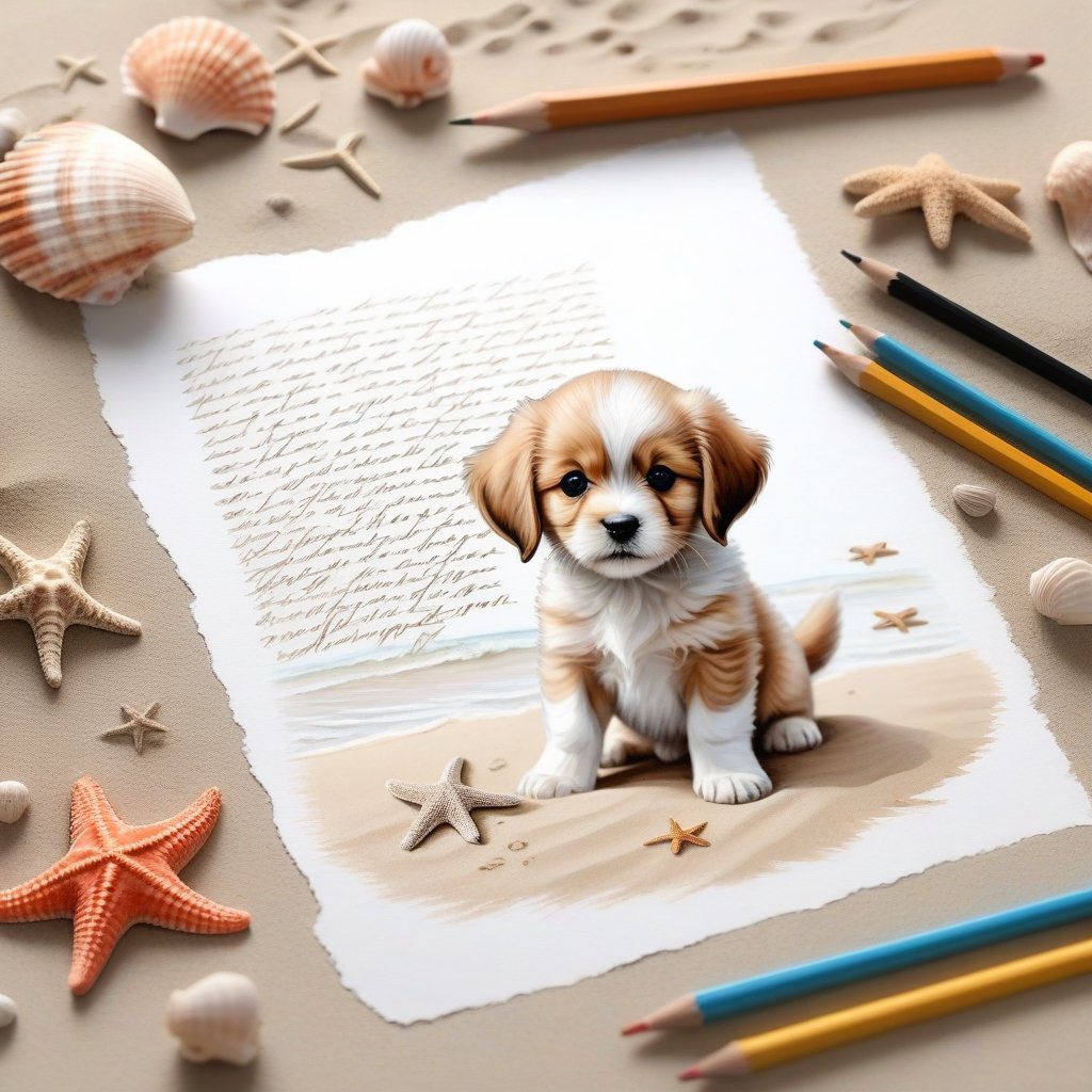 ((ultra realistic photo)), artistic sketch art, Make a DETAILED pencil sketch of an adorable little FLUFFY PUPPY on a torn edge LETTER on the sand ( WITH LITTLE DRAWINGS AND  TEXTS, art, DETAILED textures, pure perfection, hIgh definition), detailed beach around THE PAPER, tiny delicate sea-shell, little delicate starfish, sea ,TROPICAL BAY BACKGROUND, delicate coral, sand pile on the paper,little calligraphy texts, little drawings on the paper,, text: "puppy", text. ,BookScenic,art_booster