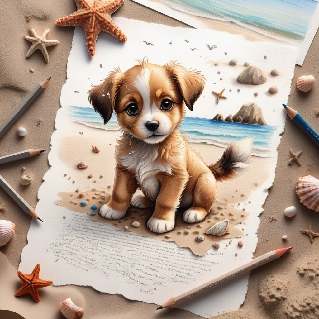 ((ultra realistic photo)), artistic sketch art, Make a DETAILED pencil sketch of a cute little FLUFFY PUPPY on a torn edge LETTER on the sand ( WITH LITTLE DRAWINGS AND TEXTS, art, DETAILED textures, pure perfection, hIgh definition), detailed beach around THE PAPER, tiny delicate sea-shell, little delicate starfish, sea ,TROPICAL BAY BACKGROUND, delicate coral, sand pile on the paper,little calligraphy texts, little drawings on the paper,, text: "puppy", text. ,BookScenic,art_booster,disney pixar style,LegendDarkFantasy,anthro