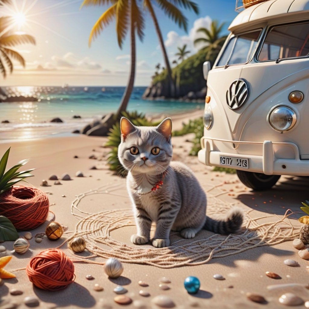 ((ultra realistic photo))  a cute British shorthaired happy Kitty playing with a little ball of yarn , CLASSIC VW CAMPER VAN, LOVELY WELL-ARRANGED CAMPING ENVIROMENT (art, DETAILED textures, pure perfection, hIgh definition), detailed beach around , tiny delicate sea-shell, little delicate starfish, sea ,(very detailed TROPICAL hawaiian BAY BACKGROUND, SEA SHORE, PALM TREES, DETAILED LANDSCAPE, COLORFUL) (GOLDEN HOUR LIGHTING), delicate coral, sand piles