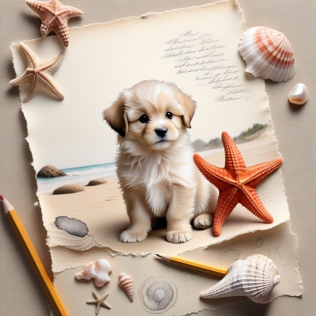 ((ultra realistic photo)), artistic sketch art, Make a pencil sketch of an adorable little FLUFFY PUPPY on an old torn edge paper, art, DETAILED textures, pure perfection, hIgh definition, detailed beach around THE PAPER, tiny delicate sea-shell, starfish, sea , delicate coral, sand on the paper, little calligraphy text, tiny delicate drawings,BookScenic