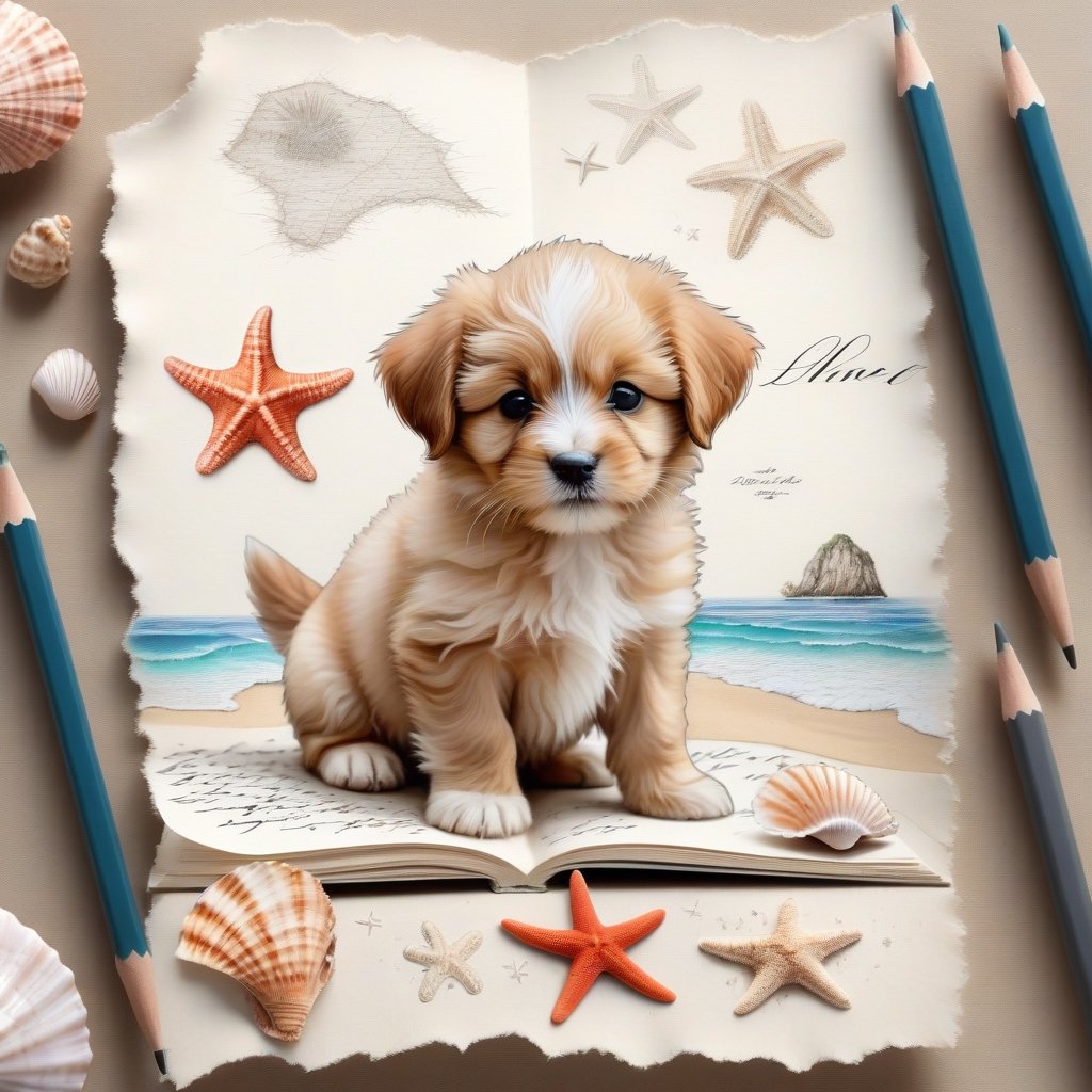 ((ultra realistic photo)), artistic sketch art, Make a pencil sketch of an adorable little FLUFFY PUPPY on an old torn edge paper, art, DETAILED textures, pure perfection, hIgh definition, detailed beach around THE PAPER, tiny delicate sea-shell, starfish, sea , delicate coral, sand on the paper, little calligraphy text all over the paper, tiny delicate drawings,BookScenic