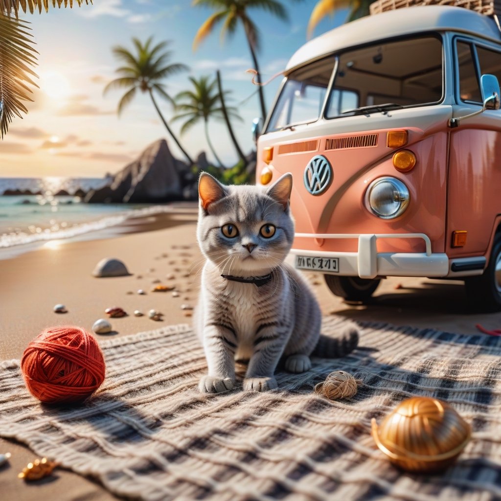 ((ultra realistic photo))  a cute British shorthaired happy Kitty playing with a little ball of yarn ON A PLAID, CLASSIC VW CAMPER VAN, LOVELY WELL-ARRANGED CAMPING ENVIROMENT (art, DETAILED textures, pure perfection, hIgh definition), detailed beach around , tiny delicate sea-shell, little delicate starfish, sea ,(very detailed TROPICAL hawaiian BAY BACKGROUND, SEA SHORE, PALM TREES, DETAILED LANDSCAPE, COLORFUL) (GOLDEN HOUR LIGHTING), delicate coral, sand piles,LegendDarkFantasy,dark,anthro