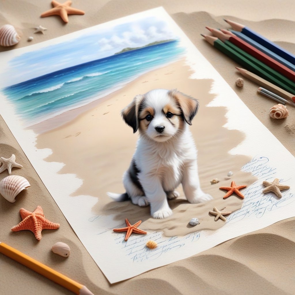 ((ultra realistic photo)), artistic sketch art, Make a pencil sketch of an adorable little FLUFFY PUPPY on a torn edge LETTER on the sand ( WITH LITTLE DRAWINGS AND  TEXTS, art, DETAILED textures, pure perfection, hIgh definition), detailed beach around THE PAPER, tiny delicate sea-shell, little delicate starfish, sea ,TROPICAL BAY BACKGROUND, delicate coral, sand pile on the paper,little calligraphy texts, little drawings on the paper,, text: "puppy", text. ,BookScenic,art_booster
