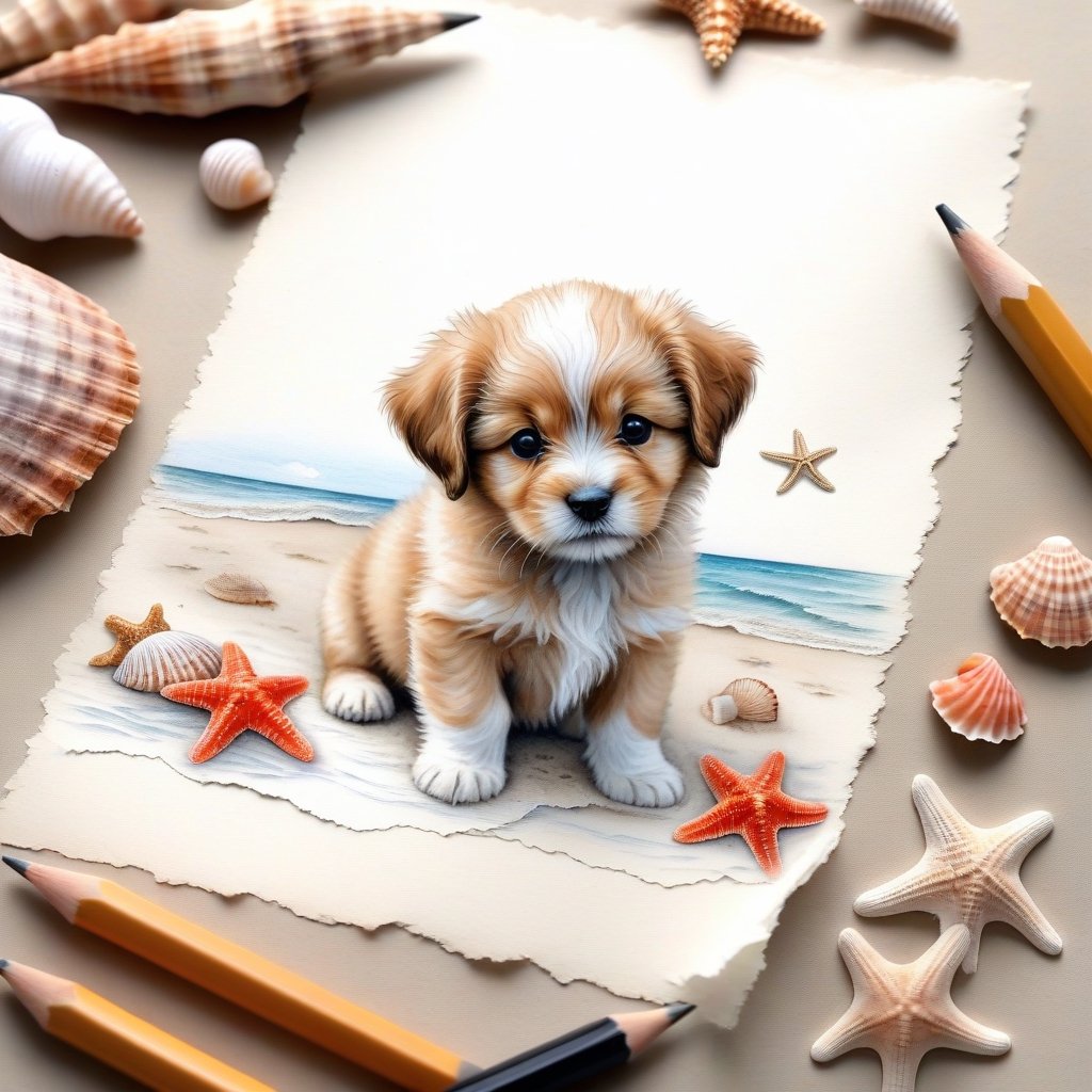 ((ultra realistic photo)), artistic sketch art, Make a pencil sketch of an adorable little FLUFFY PUPPY on an old torn edge paper, art, DETAILED textures, pure perfection, hIgh definition, detailed beach around THE PAPER, tiny delicate sea-shell, starfish, sea , delicate coral, sand pile on the paper,little calligraphy texts, tiny delicate drawings,