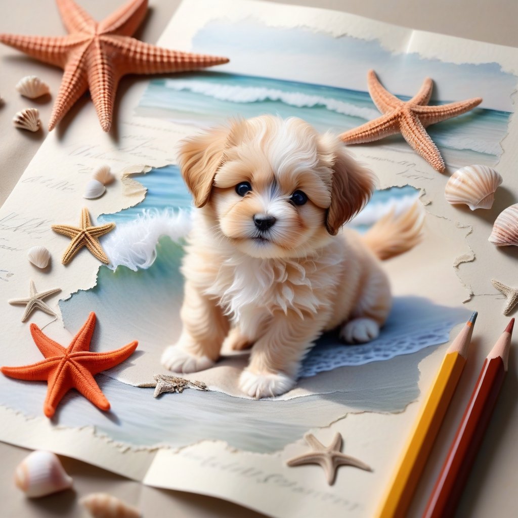 ((ultra realistic photo)), artistic sketch art, Make a pencil sketch of an adorable little FLUFFY PUPPY on an old torn edge paper, art, DETAILED textures, pure perfection, hIgh definition, detailed beach around THE PAPER, tiny delicate sea-shell, starfish, sea , delicate coral, sand on the paper, little calligraphy text all over the paper, tiny delicate drawings,BookScenic