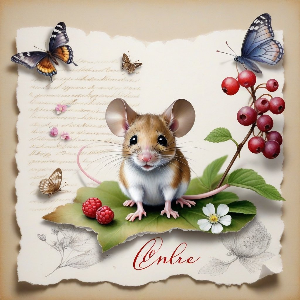 ((ultra realistic photo)), artistic sketch art, Make a little WHITE LINE pencil sketch of a cute tiny MOUSE on an old TORN EDGE PIECE OF PAPER , art, textures, pure perfection, high definition, LITTLE FRUITS, butterfly,wild berries,berry, DELICATE FLOWERS ,grass blades AROUND, flower petals on the paper, little calligraphy text all over, little drawings, text: "mouse", text. ,BookScenic,art_booster