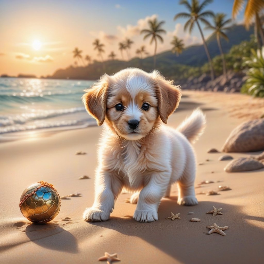 ((ultra realistic photo)), artistic sketch art, Make a DETAILED pencil sketch of a cute little FLUFFY PUPPY PLAYING WITH A BALL, (art, DETAILED textures, pure perfection, hIgh definition), detailed beach around , tiny delicate sea-shell, little delicate starfish, sea ,(very detailed TROPICAL hawaiian BAY BACKGROUND, SEA SHORE, PALM TREES, DETAILED LANDSCAPE, COLORFUL) (GOLDEN HOUR LIGHTING), delicate coral, sand piles