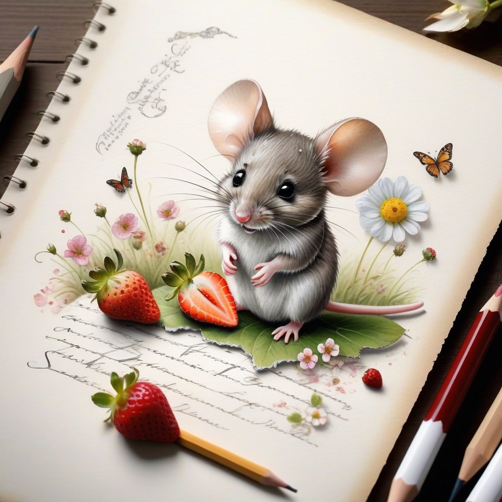 ((ultra realistic photo)), artistic sketch art, Make a little 2,5D WHITE LINE pencil sketch of a cute tiny MOUSE on an old TORN EDGE Letter , art, textures, pure perfection, high definition, LITTLE FRUITS, butterfly,strawberry,berry, DELICATE FLOWERS ,grass blades, flower petals  on the paper, little calligraphy text, little drawings, text: "mouse", text. children's picture books, ,BookScenic,ink,smoke,ink smoke,Dark Majic