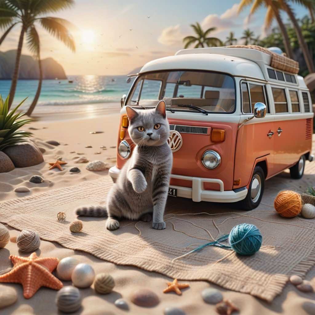 ((ultra realistic photo))  a cute British shorthaired happy playful Kitty playing with a little ball of yarn ON A PLAID, CLASSIC VW CAMPER VAN, LOVELY WELL-ARRANGED CAMPING ENVIROMENT (art, DETAILED textures, pure perfection, hIgh definition), detailed beach around , tiny delicate sea-shell, little delicate starfish, sea ,(very detailed TROPICAL hawaiian BAY BACKGROUND, SEA SHORE, PALM TREES, DETAILED LANDSCAPE, COLORFUL) (GOLDEN HOUR LIGHTING), delicate coral, sand piles,LegendDarkFantasy,dark,anthro