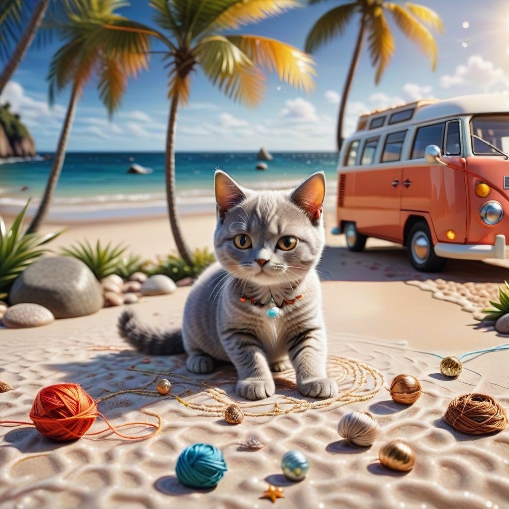 ((ultra realistic photo)) a cute British shorthaired happy Kitty playing with a little ball of yarn , CLASSIC VW CAMPER VAN, LOVELY WELL-ARRANGED CAMPING ENVIROMENT (art, DETAILED textures, pure perfection, hIgh definition), detailed beach around , tiny delicate sea-shell, little delicate starfish, sea ,(very detailed TROPICAL hawaiian BAY BACKGROUND, SEA SHORE, PALM TREES, DETAILED LANDSCAPE, COLORFUL) (GOLDEN HOUR LIGHTING), delicate coral, sand piles