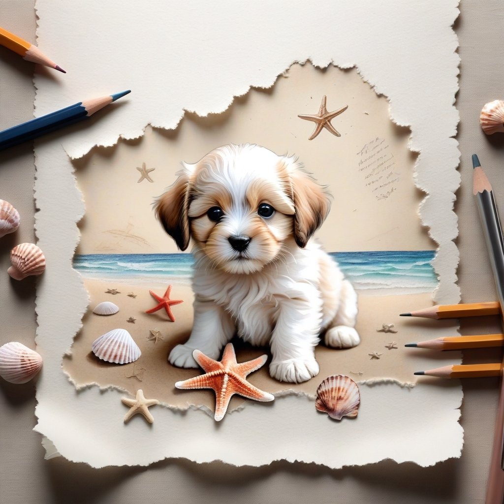 ((ultra realistic photo)), artistic sketch art, Make a pencil sketch of an adorable little FLUFFY PUPPY on an old torn edge paper, art, DETAILED textures, pure perfection, hIgh definition, detailed beach around, tiny delicate sea-shell, starfish, sea , delicate coral, sand on the paper, little calligraphy text around, tiny delicate drawings, embossed drawings