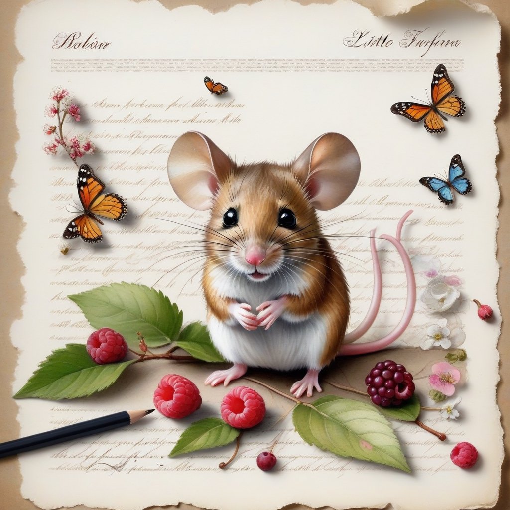 ((ultra realistic photo)), artistic sketch art, Make a little WHITE LINE pencil sketch of a cute tiny MOUSE on an old TORN EDGE PIECE OF PAPER , art, textures, pure perfection, high definition, LITTLE FRUITS, butterfly,wild berries,berry, DELICATE FLOWERS ,grass blades AROUND, flower petals on the paper, little calligraphy text all over, little drawings, text: "mouse", text. ,BookScenic,art_booster