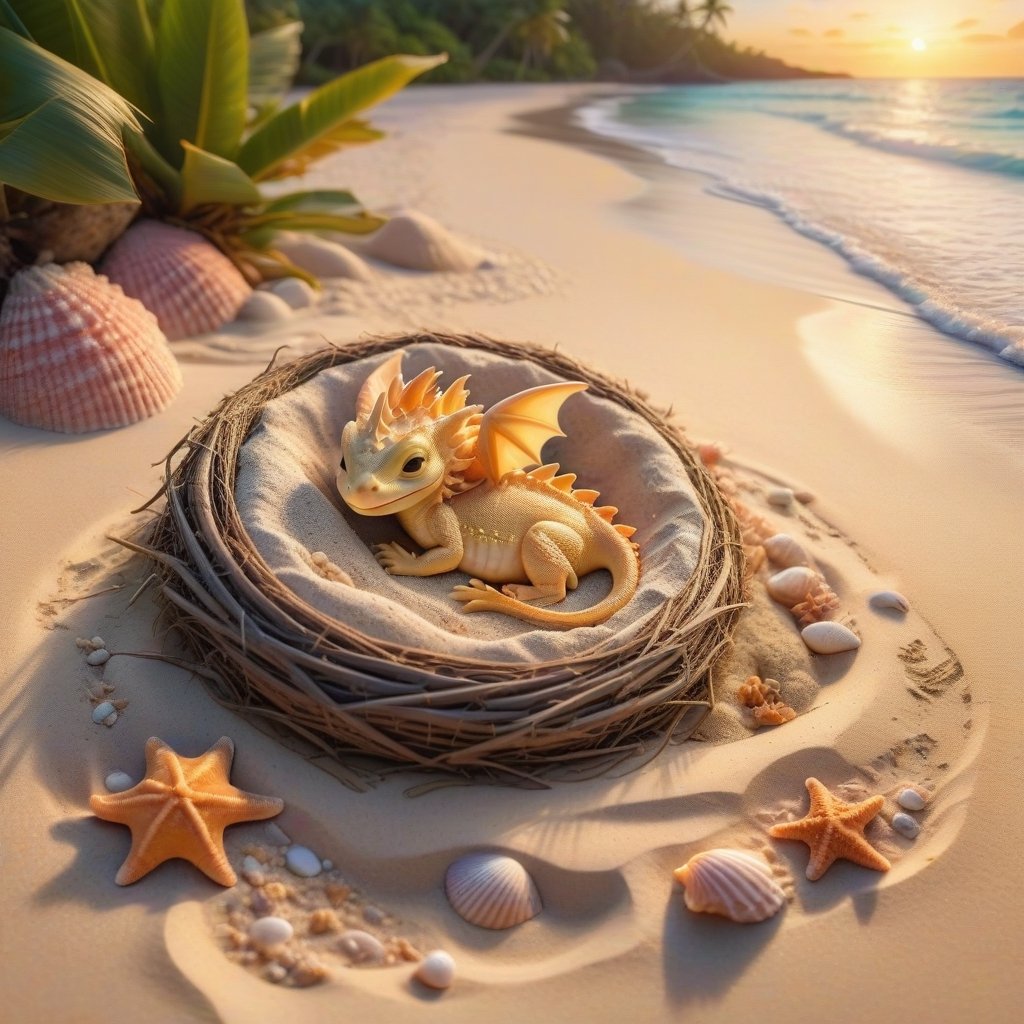 ((ultra realistic photo)), artistic sketch art, Make a DETAILED pencil sketch of a cute TINY MINIATURE CUTE SLEEPY BABY DRAGON SLEEPING IN THE NEST ON THE SAND (art, DETAILED textures, pure perfection, hIgh definition), detailed beach around , tiny delicate sea-shell, little delicate starfish, sea ,(very detailed TROPICAL hawaiian BAY BACKGROUND, SEA SHORE, PALM TREES, DETAILED LANDSCAPE, COLORFUL) (GOLDEN HOUR LIGHTING), delicate coral, sand piles
