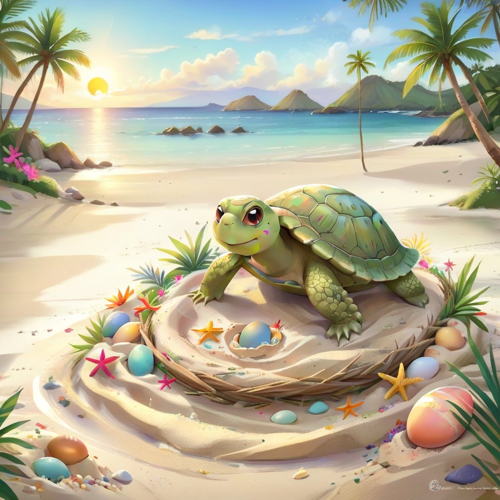 ((ultra artistic photo)), artistic sketch art, Make a DETAILED pencil sketch of a cute TINY tropical turle baby IN THE NEST ON THE SAND (art, DETAILED textures, pure perfection, hIgh definition), detailed beach , tiny delicate sea-shell, TINY COLORFUL EGG, little delicate starfish, sea ,(very detailed TROPICAL hawaiian BAY BACKGROUND VIEW, SEA SHORE, PALM TREES, DETAILED LANDSCAPE, COLORFUL) (GOLDEN HOUR LIGHTING), delicate coral, sand piles,disordered, LegendDarkFantasy,