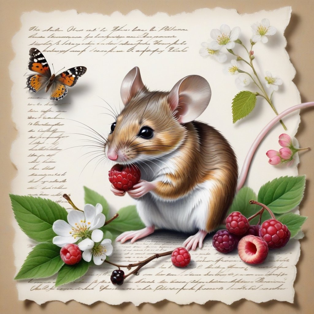 ((ultra realistic photo)), artistic sketch art, Make a little WHITE LINE pencil sketch of a cute tiny MOUSE on an old TORN EDGE PIECE OF PAPER , art, textures, pure perfection, high definition, LITTLE FRUITS, butterfly,wild berries,berry, DELICATE FLOWERS ,grass blades AROUND, flower petals on the paper, little calligraphy text all over, little drawings, text: "mouse", text. ,BookScenic,art_booster