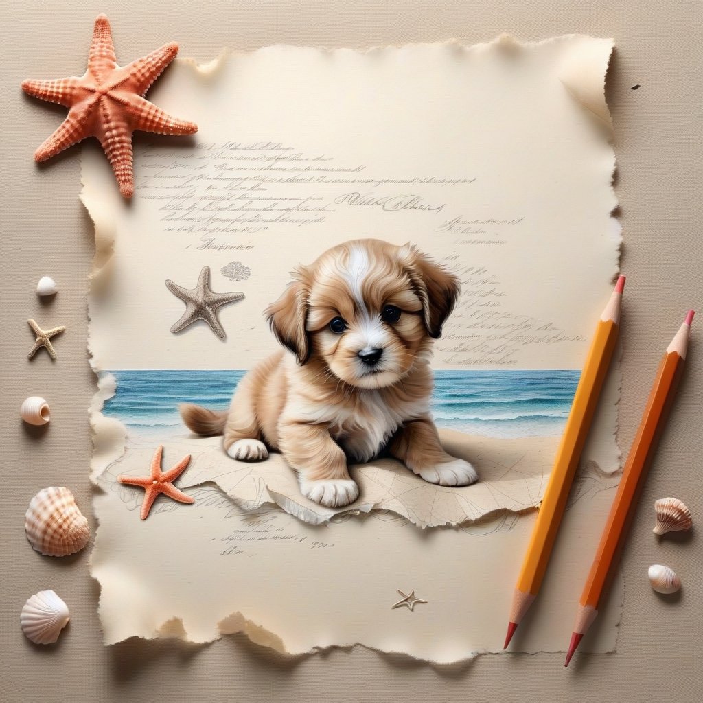 ((ultra realistic photo)), artistic sketch art, Make a pencil sketch of an adorable little FLUFFY PUPPY on an old torn edge paper, art, DETAILED textures, pure perfection, hIgh definition, detailed beach around THE PAPER, tiny delicate sea-shell, starfish, sea , delicate coral, sand on the paper, little calligraphy text, tiny delicate drawings